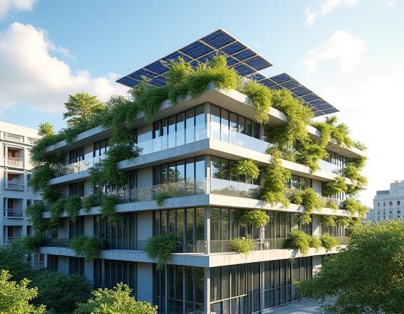 Edificio moderno con elementos de construcción sostenible como cubiertas verdes y paneles solares